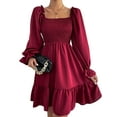 thumbnail image 3 of Women'S Square Neck Lantern Long Sleeve Ruffle Shirred Flowy Party Mini Dress Wine Red S, 3 of 8