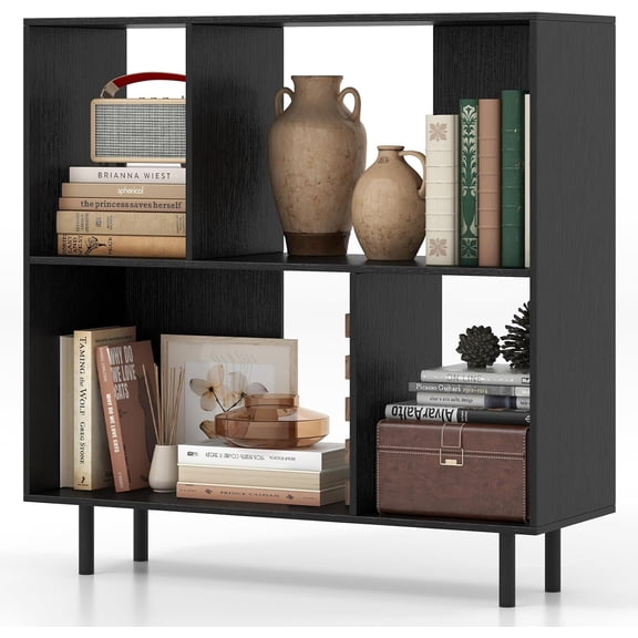 Beran7 4 Cubby Open Bookcase, 3-Tier Freestanding Bookshelf with Detachable Metal Legs, Anti-toppling Device, Anti-Falling Baffles, Modern Cubicle Display Shelf (1,Black)