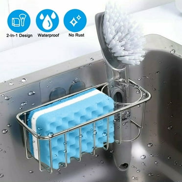 TSV 2-in-1 Sink Holder, Adhesive Rustproof Sponge Holder Kitchen Sink Organizer Basket for Sponges, Dish Brushes, Soap