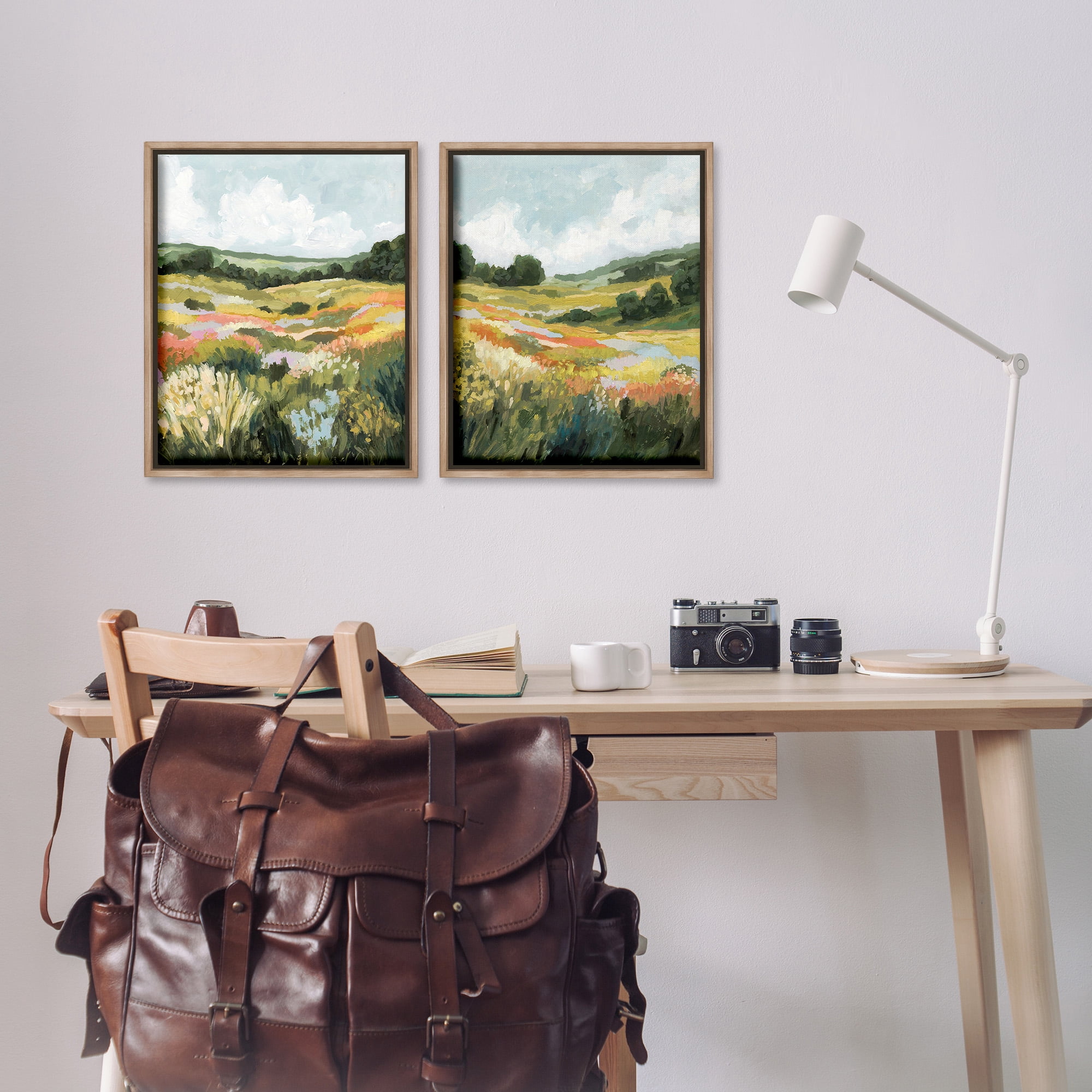 Stupell Industries Vast Meadow Painting Landscape Painting Brown Floater Framed Canvas Art Print Wall Art, 17 x 21, Set of 2