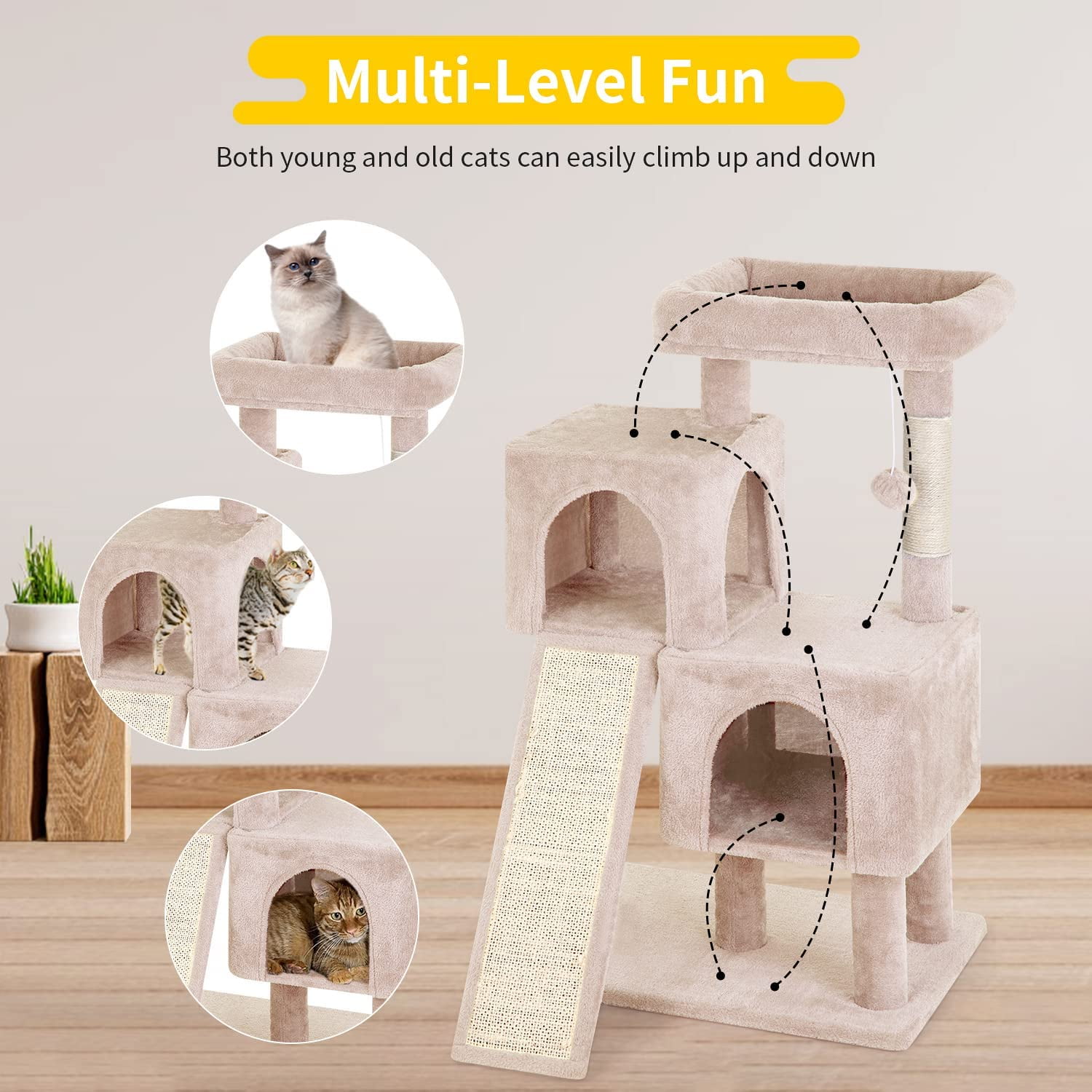 36 inches Cat Tree for Indoor Cats Cat Tower with Scratching Posts Multi-Level Cat Furniture Condo with Ramp Perch Spacious Cat Cave (Beige)
