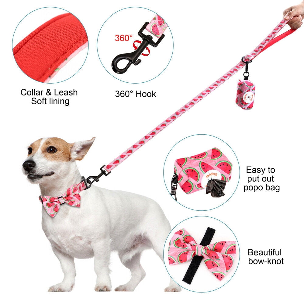Didog Floral Cute Bowtie Dog Collar & Leash & Poop Bags Holder Adjustabale for Puppy