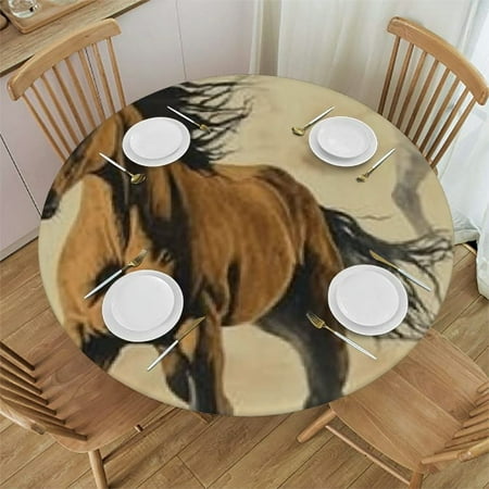 

Patifu Horses Field Sand Round Tablecloth 100% Polyester Stain-Resistant for Outdoor Indoor Restaurant Wedding Party - Picnic Dining Kitchen Farmhouse Decor 54 -58