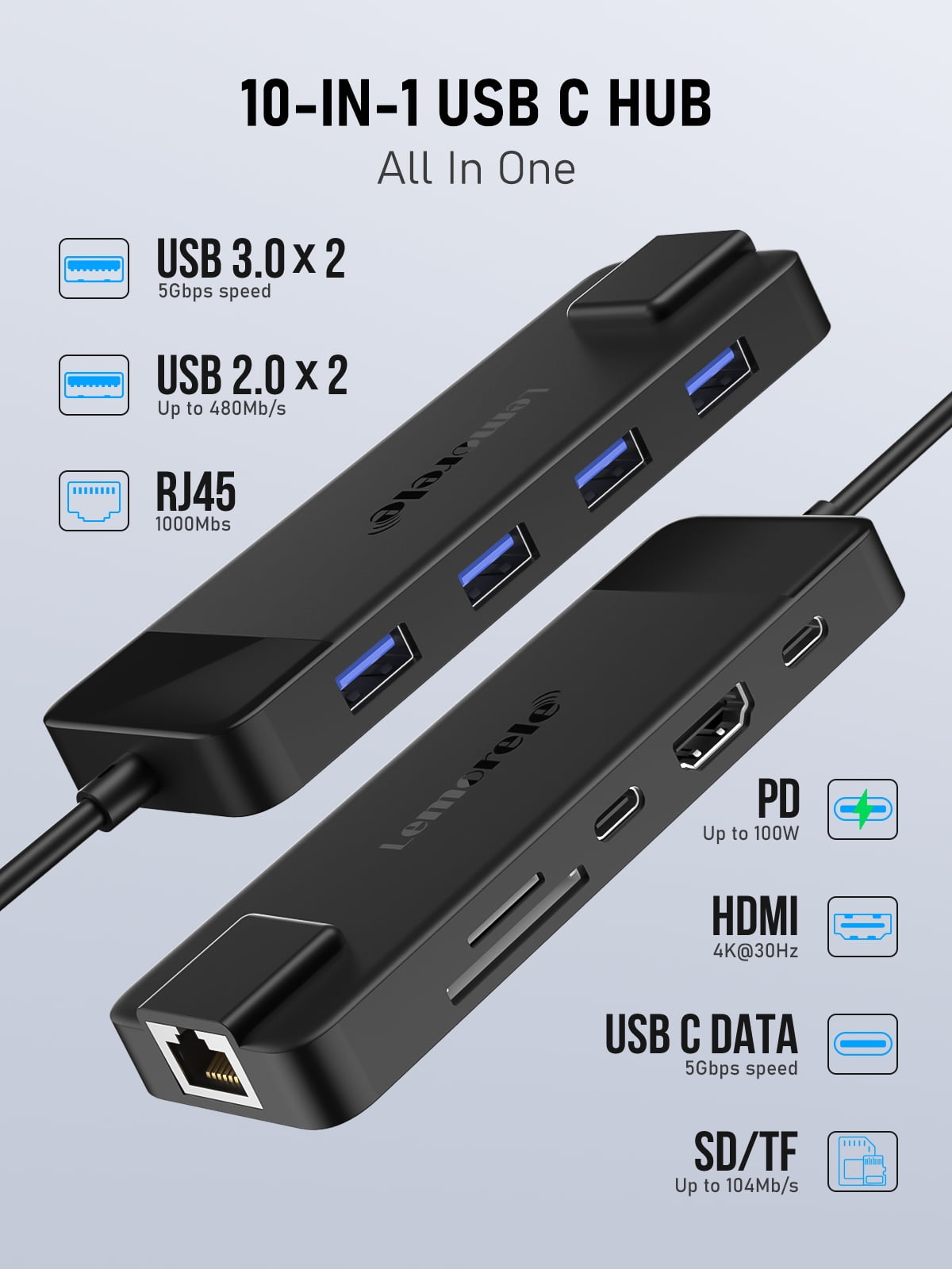 Lemorele 10 in 1 Docking Station,USB C Hub with 4K HDMI,100W PD Charging, Gigabit Ethernet, SD/TF Card Reader, Multifunctional USB C Adapter for Macbook, Windows