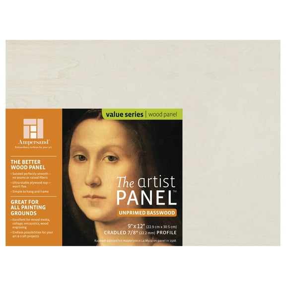 Ampersand Art Artist Panel, Unprimed Basswood, Cradled, 7/8" Profile, 9" x 12"
