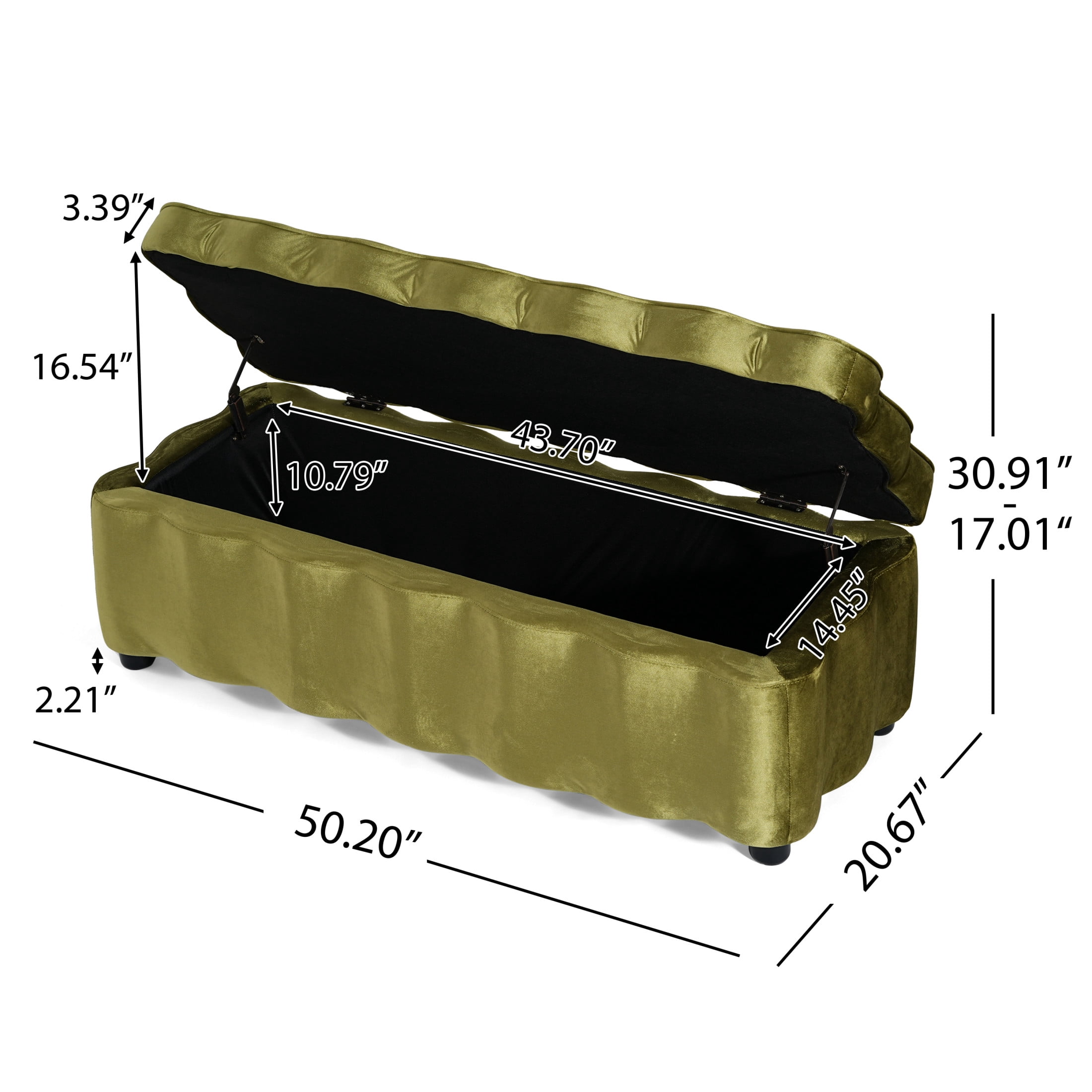 Christopher Knight Home 50" Modern Velvet Storage Ottoman with Scalloped Design, Solid Wood Frame, Olive Green
