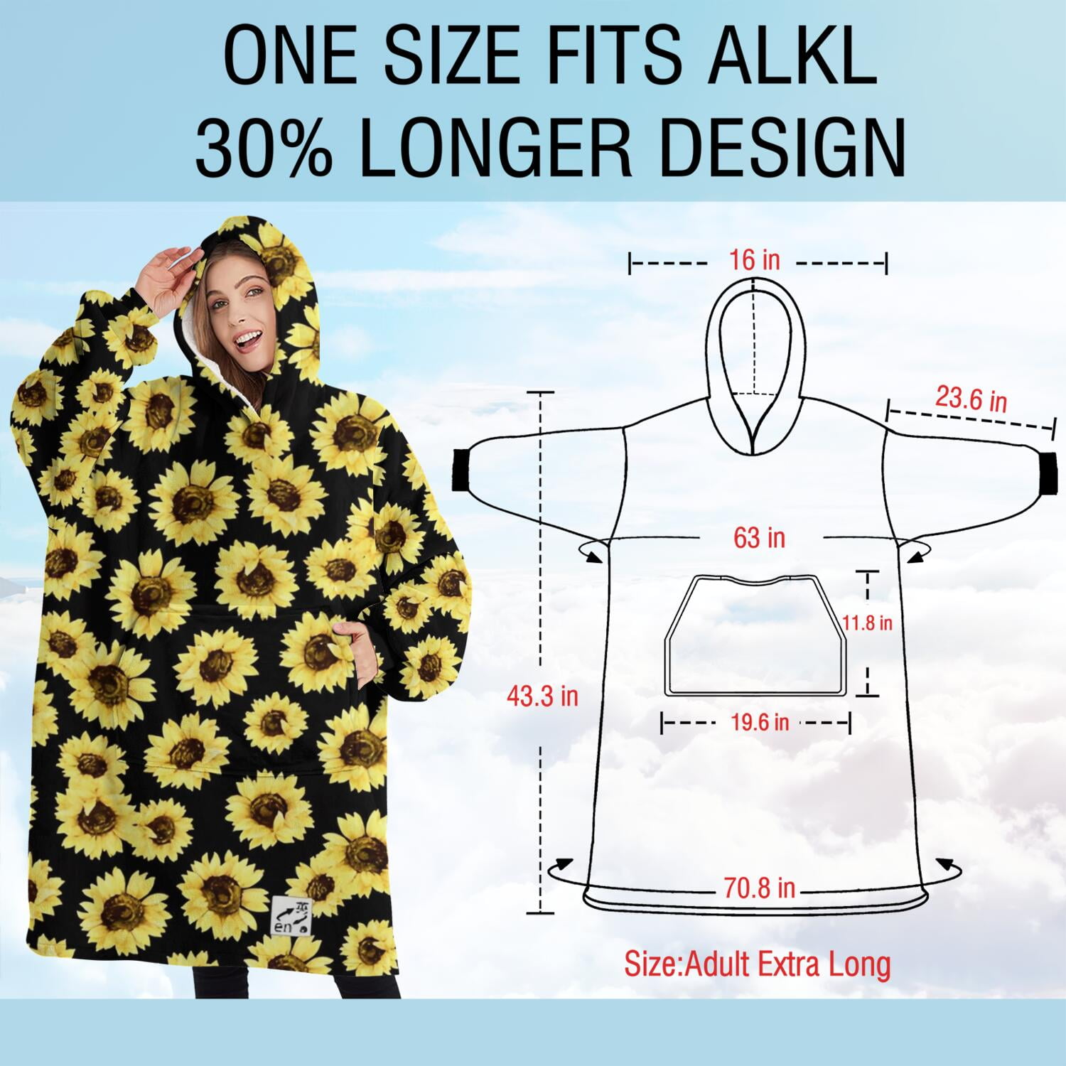 Oversized Wearable Blanket Hoodie,Black Sunflower Pattern Sherpa Blanket Hoodie with Super Pockets,Super Warm Fuzzy Pullover for Women & Men