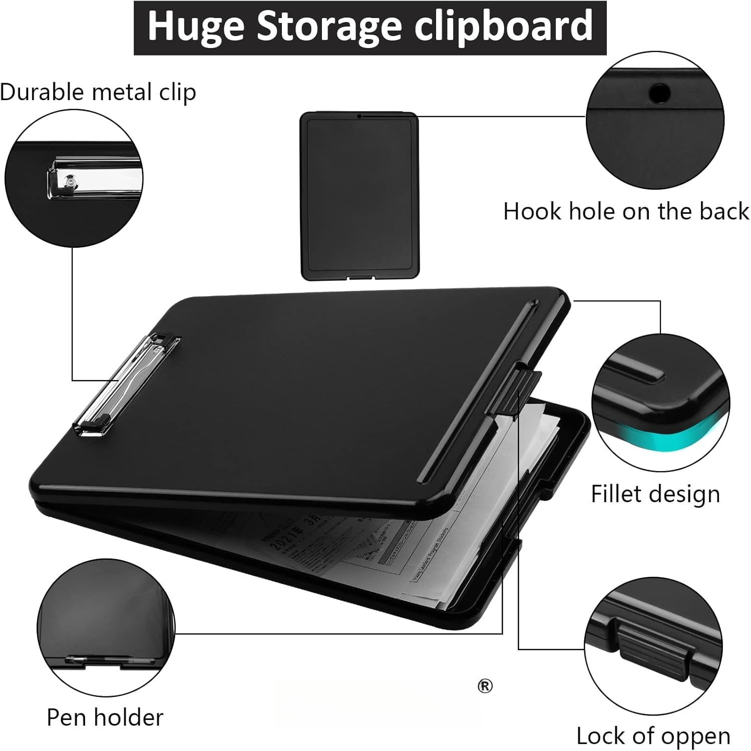 Clipboard with Storage,Storage Clipboard with Clip,Clipboards Foldable for Nurse,for 8.5x11 Paper Clip Boards,A4 Clipboards Case with Smooth Writing for Office Supplies Clip Board Case-Black
