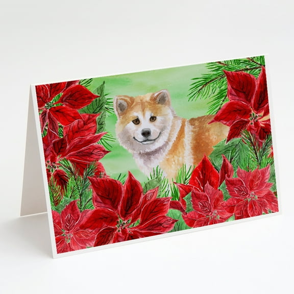 Shiba Inu Poinsettas Greeting Cards and Envelopes Pack of 8