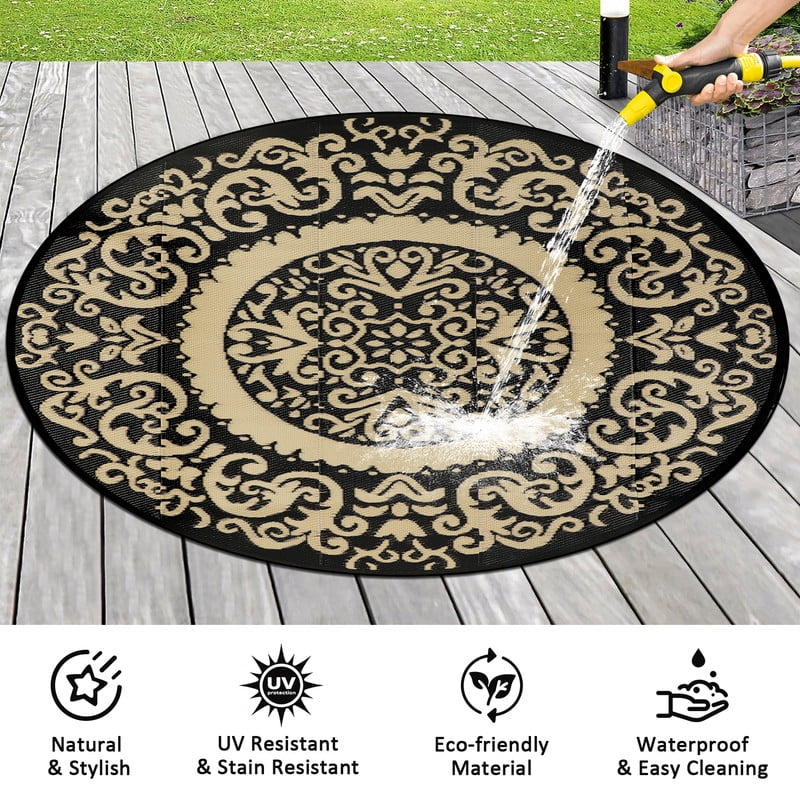 Aonewoe Round Outdoor Rugs 8Ft Waterproof Patio Plastic Straw Rug Reversible Camping Carpet Indoor Outdoor Area Rug for Patio,Deck,Balcony,Picnic,Beach,Outside