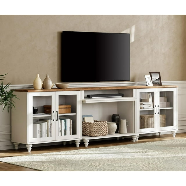 WAMPAT TV Stand, Up to 100'' TVs, Home Entertainment Center, 4 Glass Doors, Large TV Console, Living Room, Bedroom,White&Oak