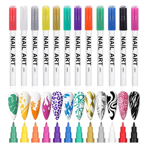 RAGUPEL 12Pcs Colors Nail Art Pens Set 0.7mm Tip for Even Color Application Nail Art Pen Bright Colors Not Simple to Fade Or Peel Off Nail Art Markers Fingernail Paint Pens