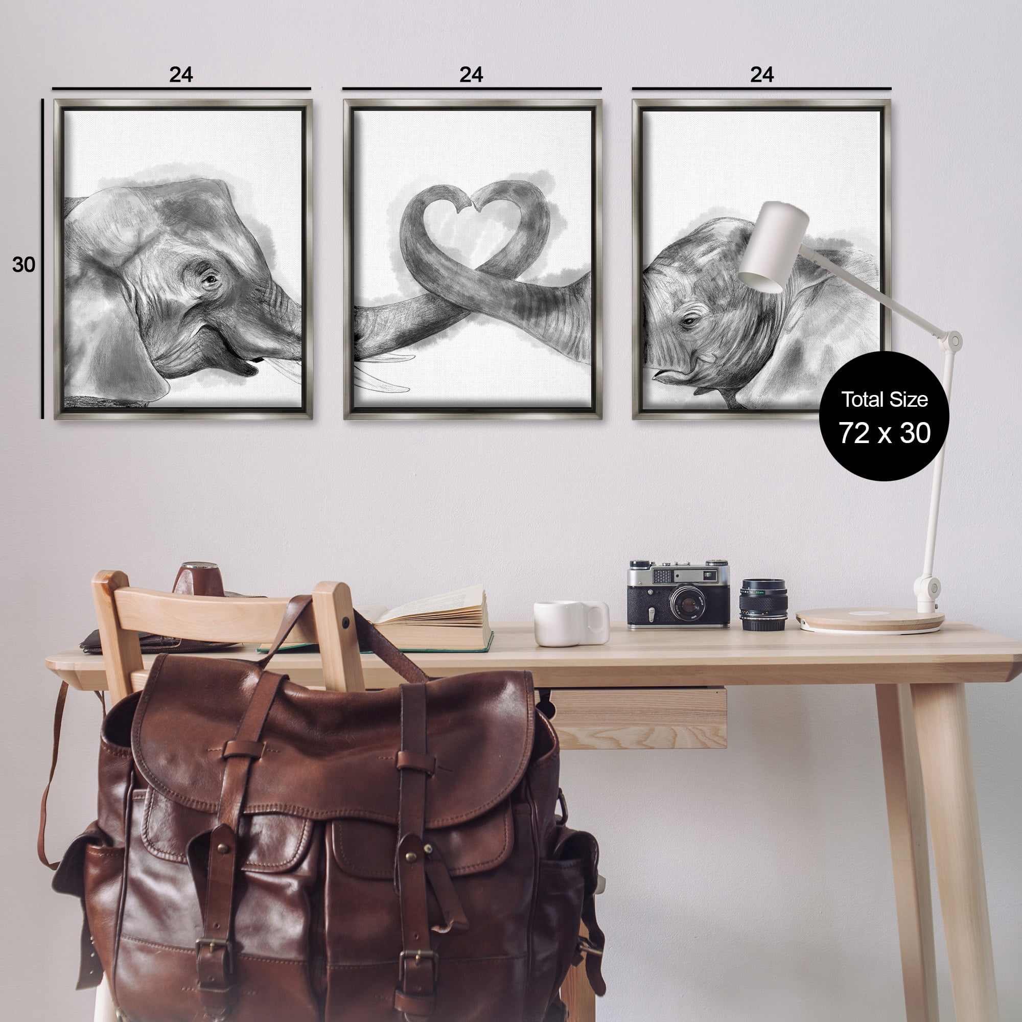 Stupell Industries Elephant Trunk Heart Shape Animals & Insects Painting Gray Floater Framed Canvas Art Print Wall Art, 25 x 31, Set of 3