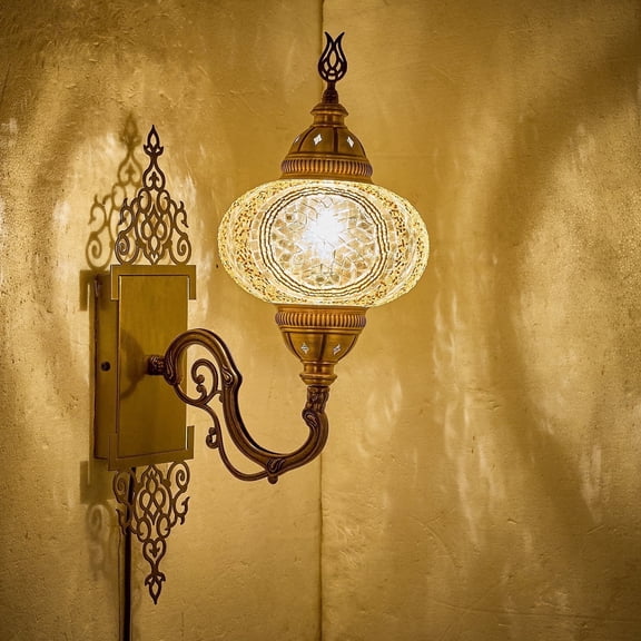 Turkish Moroccan Mosaic Plug-in Wall Sconce Lamp, Handmade Tiffany-Style Glass Globe, Ornate Brass Base, 5.2-ft Cord, Decorative Lighting for Living Room, Bedroom, Dining Room, 15x5 in (Gold)