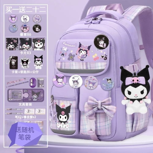 Sac à Dos Scolaire Cartoon Sanrio Kuromi pour Filles, Grand Sac d'École pour Élèves à Grande Capacité avec Protection de la Colonne Vertébrale, Sac de Voyage Léger, Violet