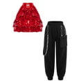 thumbnail image 2 of TiaoBug Kids Hip Hop Jazz Dance Outfits for Girls 2-Piece Sleeveless Sequin Crop Tops with Pants Set Red 10, 2 of 6