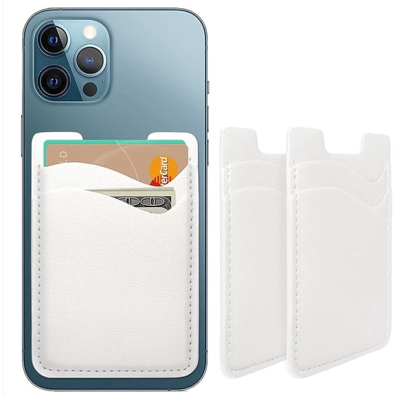 Phone Wallet, Leather Phone Card Holder, Stretchy Card Holder for Back of Phone Credit Card Holder for Phone Case Compatible with Most of Cell Phone (iPhone, Samsung) - 2Pack White