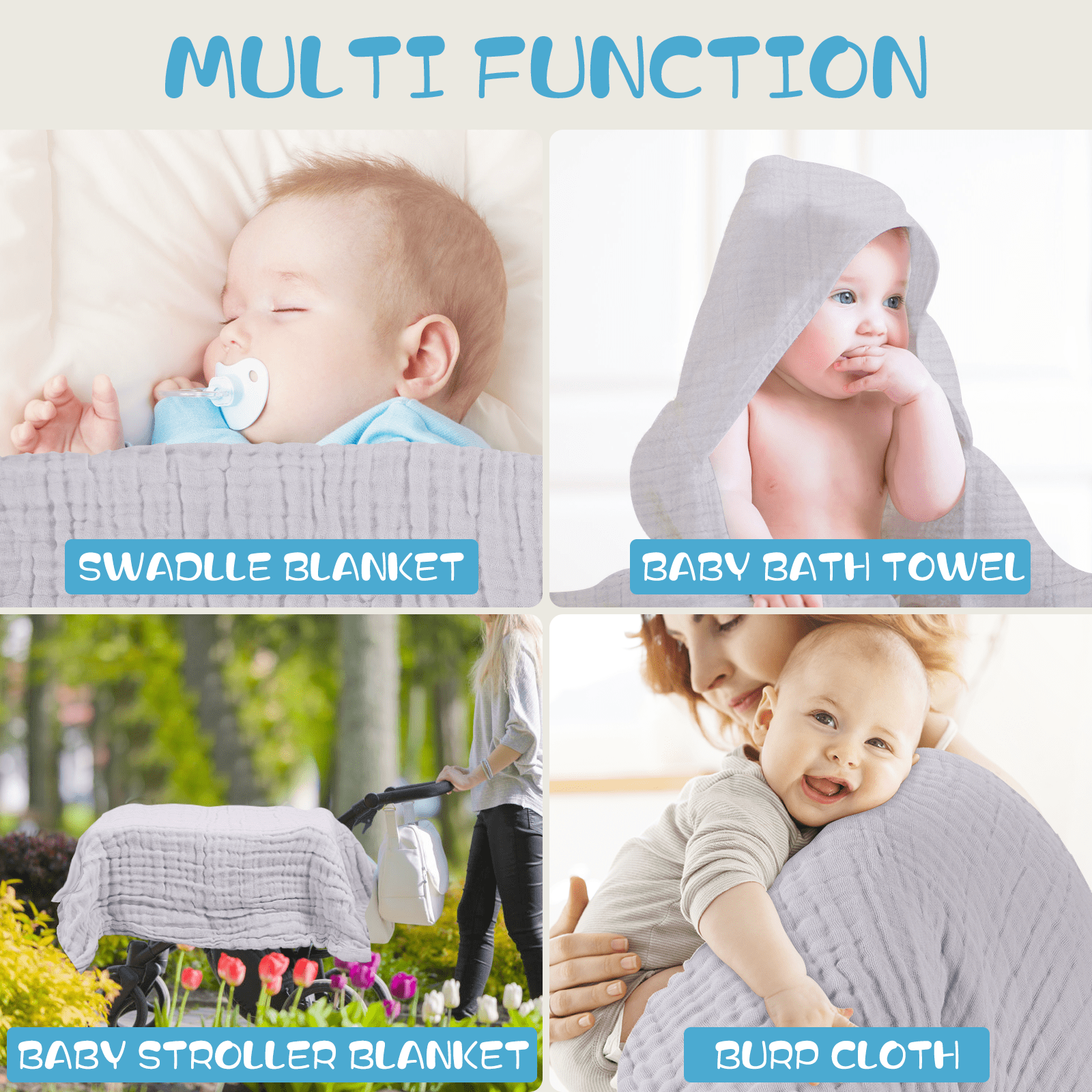 Asung Muslin Baby Bath Towel Soft Muslin Cotton Baby Towel Absorbent 3 pack 40" x 40"  (Grey)