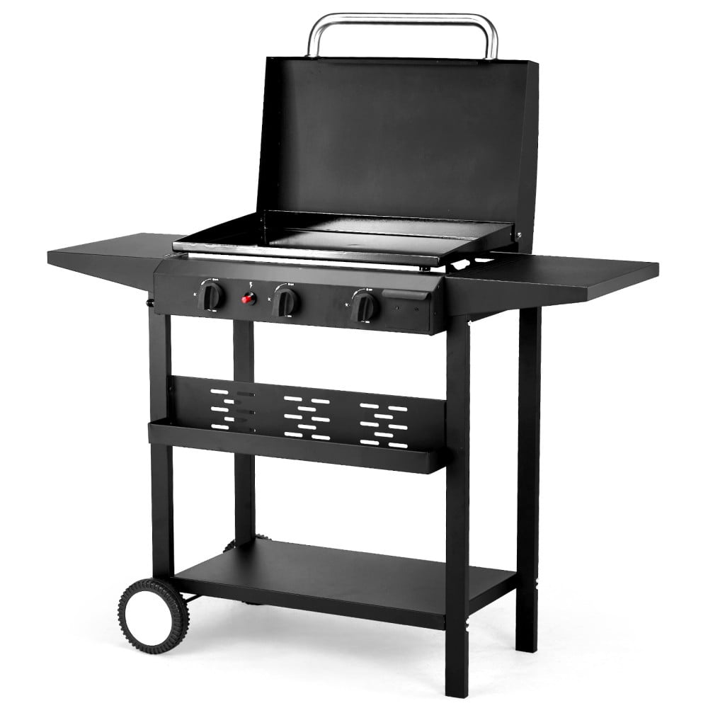 IVV 3-Burner Propane Gas Flat-Top Griddle with Side Shelves, Spice Rack and Rolling Wheels, 30,000 BTU Flat Top Cooking Station for Outdoor Camping or Tailgating, Black