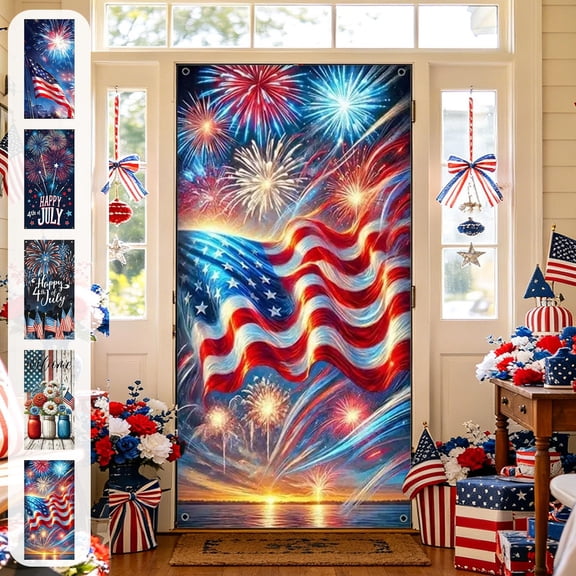 Boovnll 4th of July Door Cover Independence Day Front Door Decorations Banner Door Cover for Memorial Day Porch Outdoor Decor, 4th of July Decorations 35 x 71"