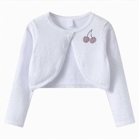 CAUYDY Girls Cropped Long Sleeve Knitted Bolero Cardigan with Cherry Jewelry Button Closure - Kids Shrug Sweater Jacket Outwear(L101-White 11-12 Y)