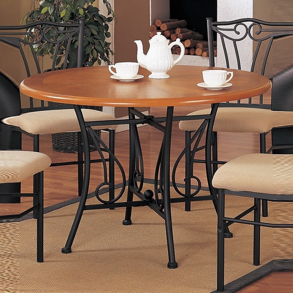 Benzara Sy Round Wooden Dining Table With Metal Base Brown And Black