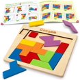 thumbnail image 1 of Wooden Puzzle Blocks Geometric Tangram Brain Teasers Jigsaw 3D Logic IQ Game Colorful Shape Pattern Montessori STEM Educational Toys Gift 60 Challenges for All Age, 1 of 7