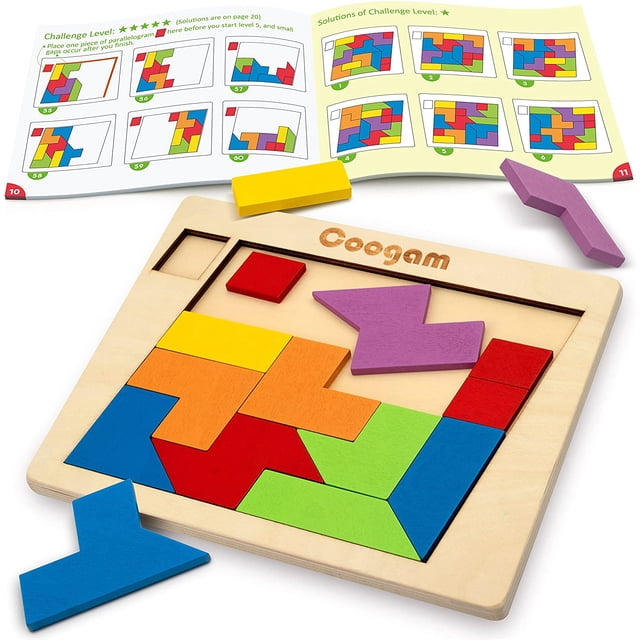 Wooden Puzzle Blocks Geometric Tangram Brain Teasers Jigsaw 3D Logic IQ Game Colorful Shape Pattern Montessori STEM Educational Toys Gift 60 Challenges for All Age