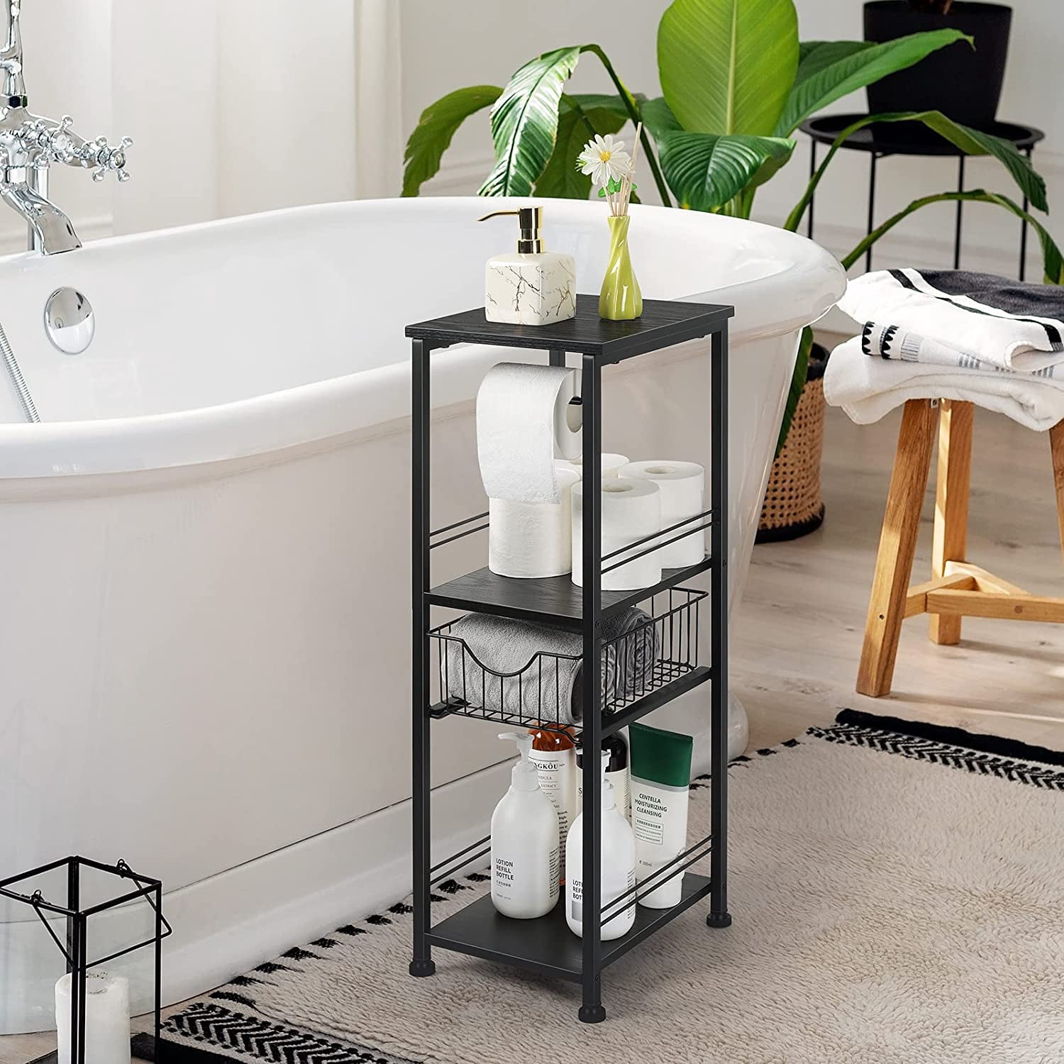 3 Tier Freestanding Bathroom Shelf with Drawer Toilet Paper Storage Stand, Black