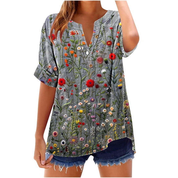 GERsome Women's Short Sleeve T Shirts Button V Neck Tops Casual Floral Tees Lightweight Soft Loose Fit Summer Shirts, Sizes S-2XL