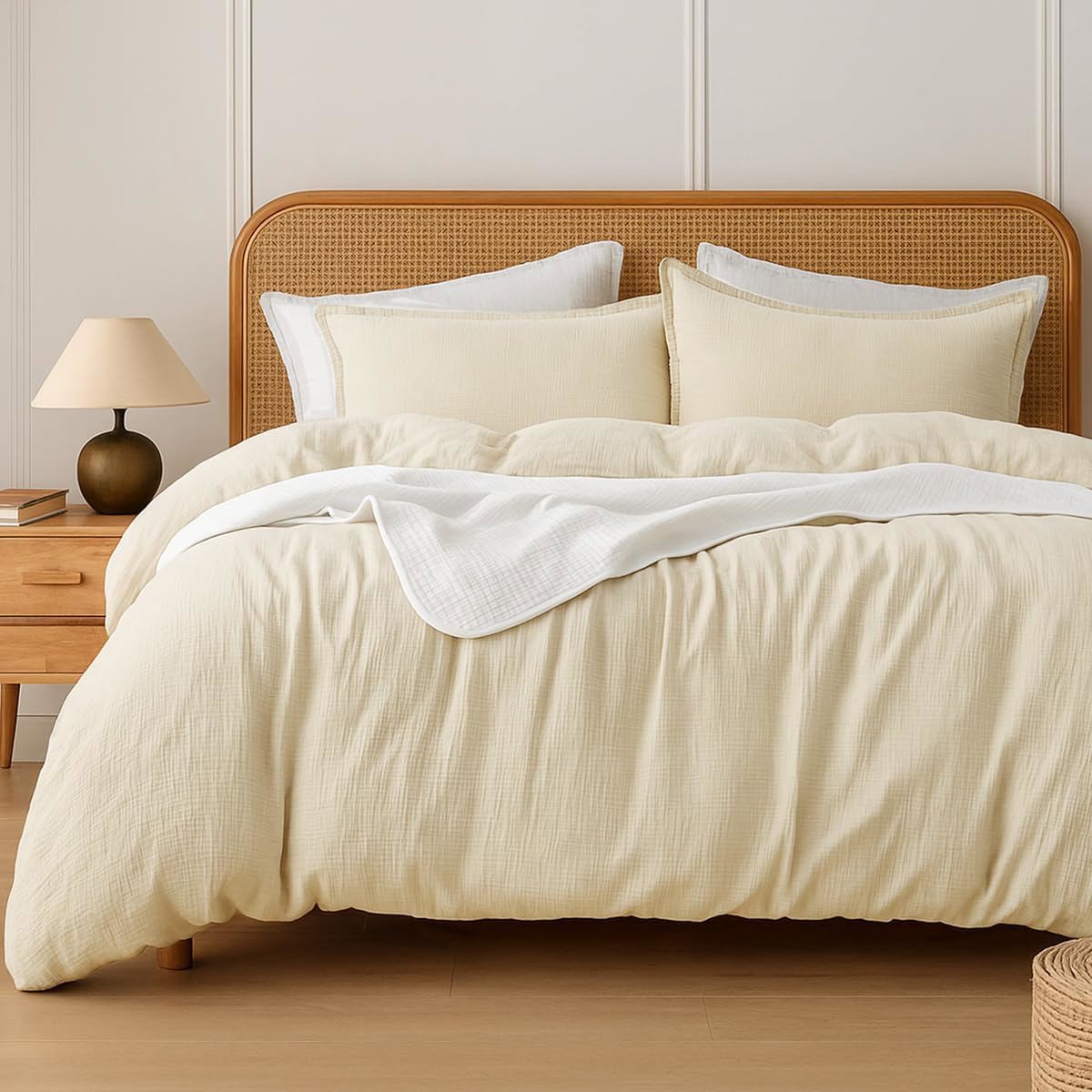 Muslin Duvet Cover Set 100% Cotton King Size Double Layer Linen Like Gauze Comforter Cover Cream