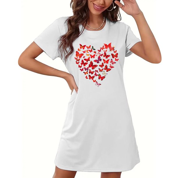 Camisón corto de mujer, vestido de largo medio con estampado de moda, camisón corto extragrande de mujer, camisón de manga corta con estampado de pecho a la moda, camisón de mujer