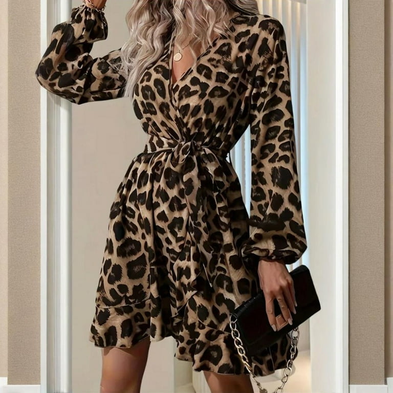 MORTTIC Women's Elegant V-Neck Leopard Print Dress - Long Sleeve Belted Fit  & Flare Dress for Spring/Summer - Walmart.com