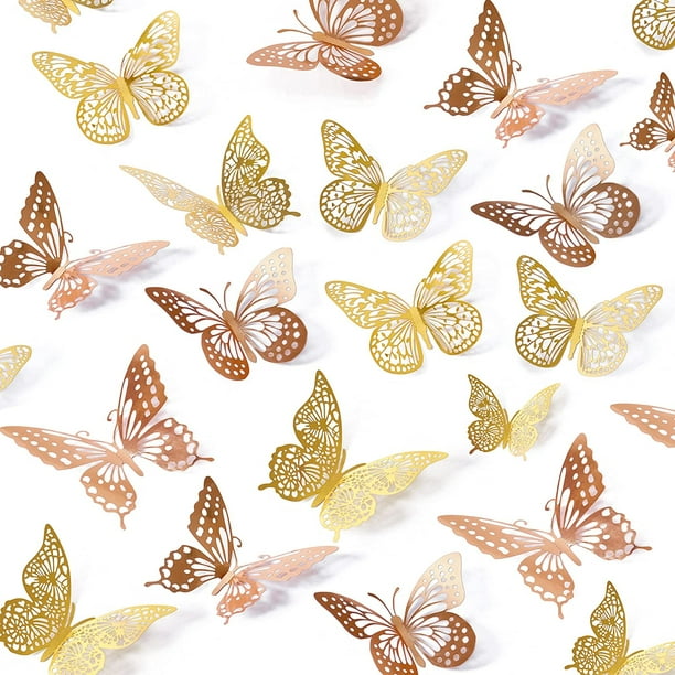Xiao Hua Decoración de pared con mariposas, 48 piezas, 4 estilos, para cumpleaños, fiestas y tartas, extraíbles (doradas y rosadas)