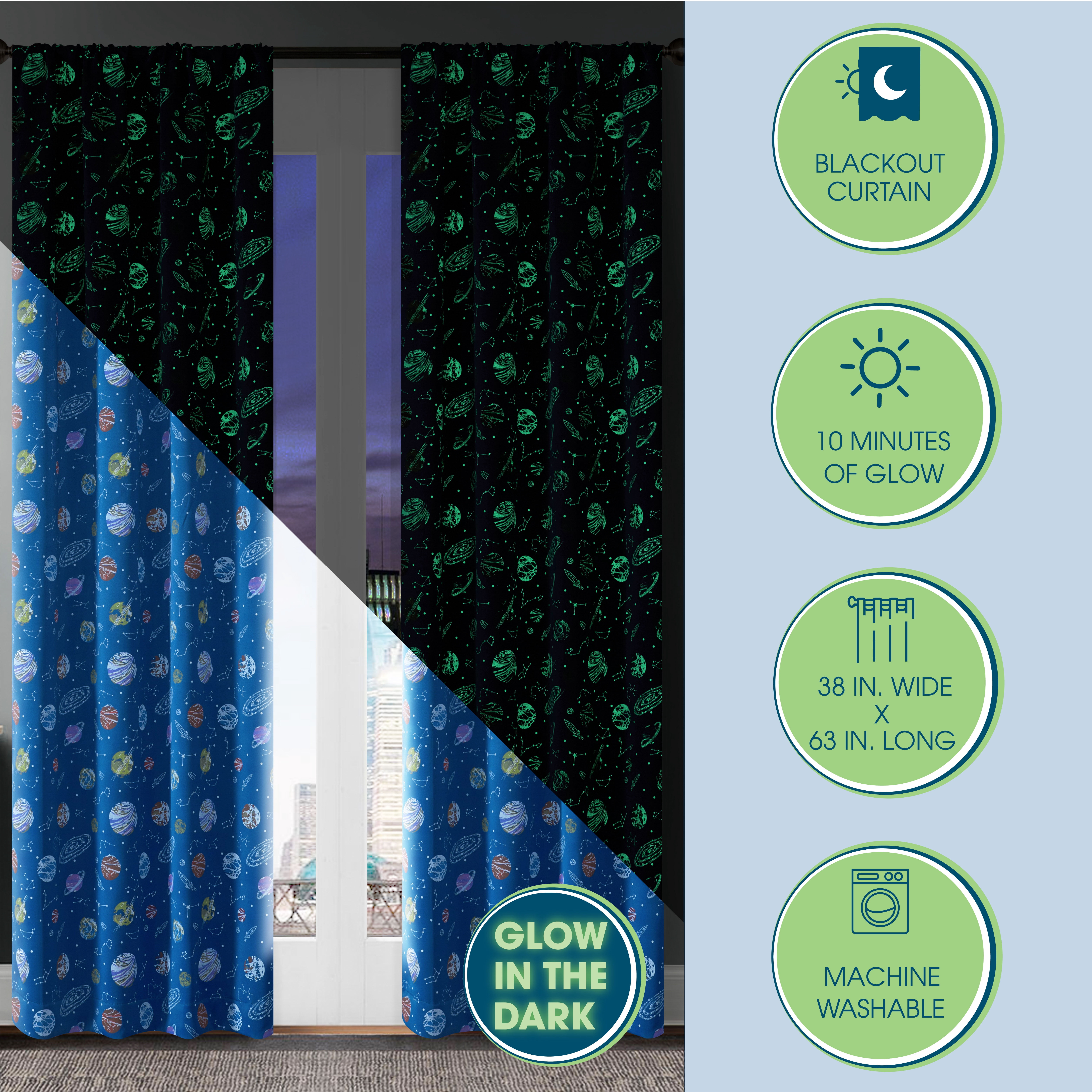 Your Zone Blackout Curtain Panel with Glow in the Dark Print, 1 Panel, Space Blue, 37" W x 63" L