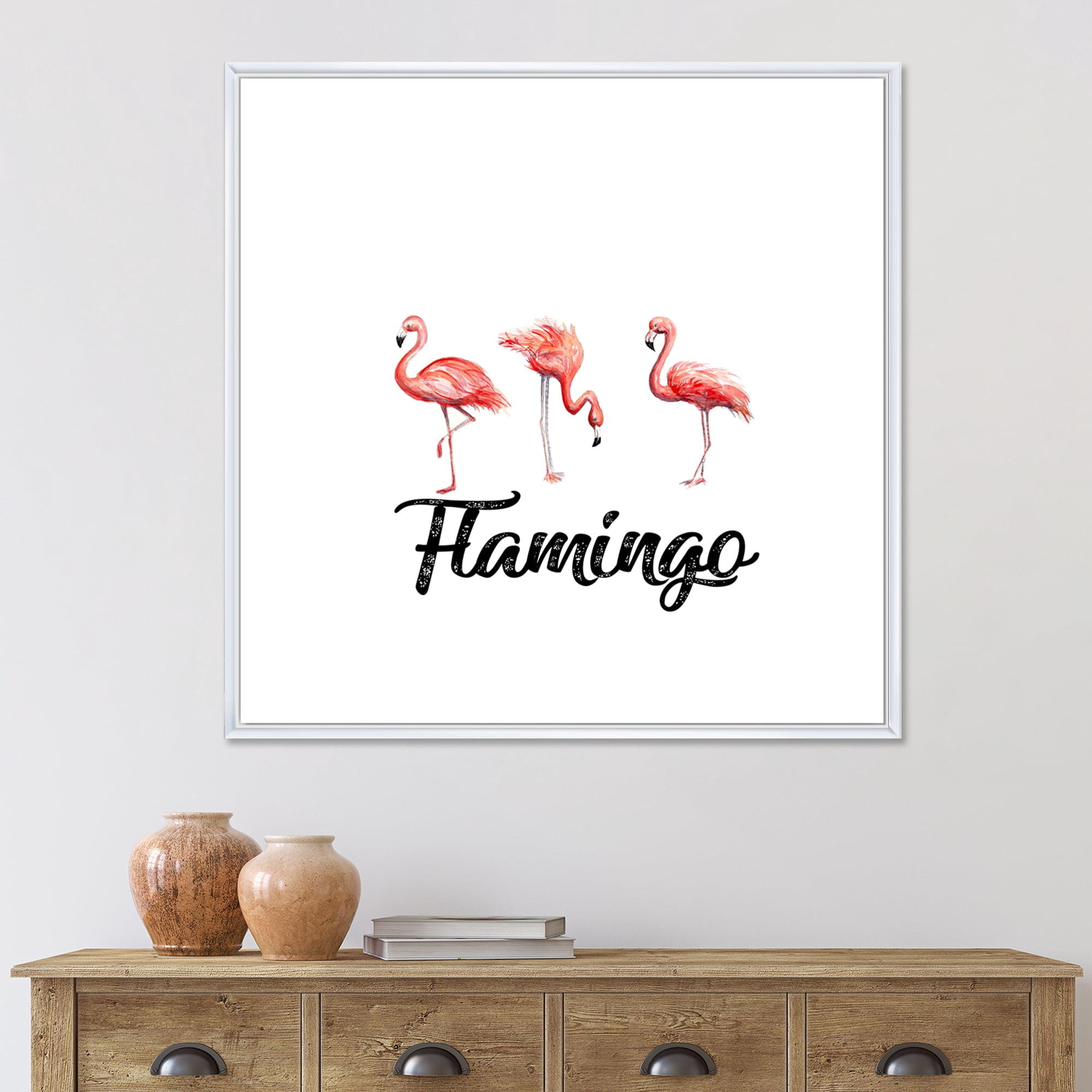 Designart 'Three Flamingos On White' Farmhouse Framed Canvas Wall Art Print