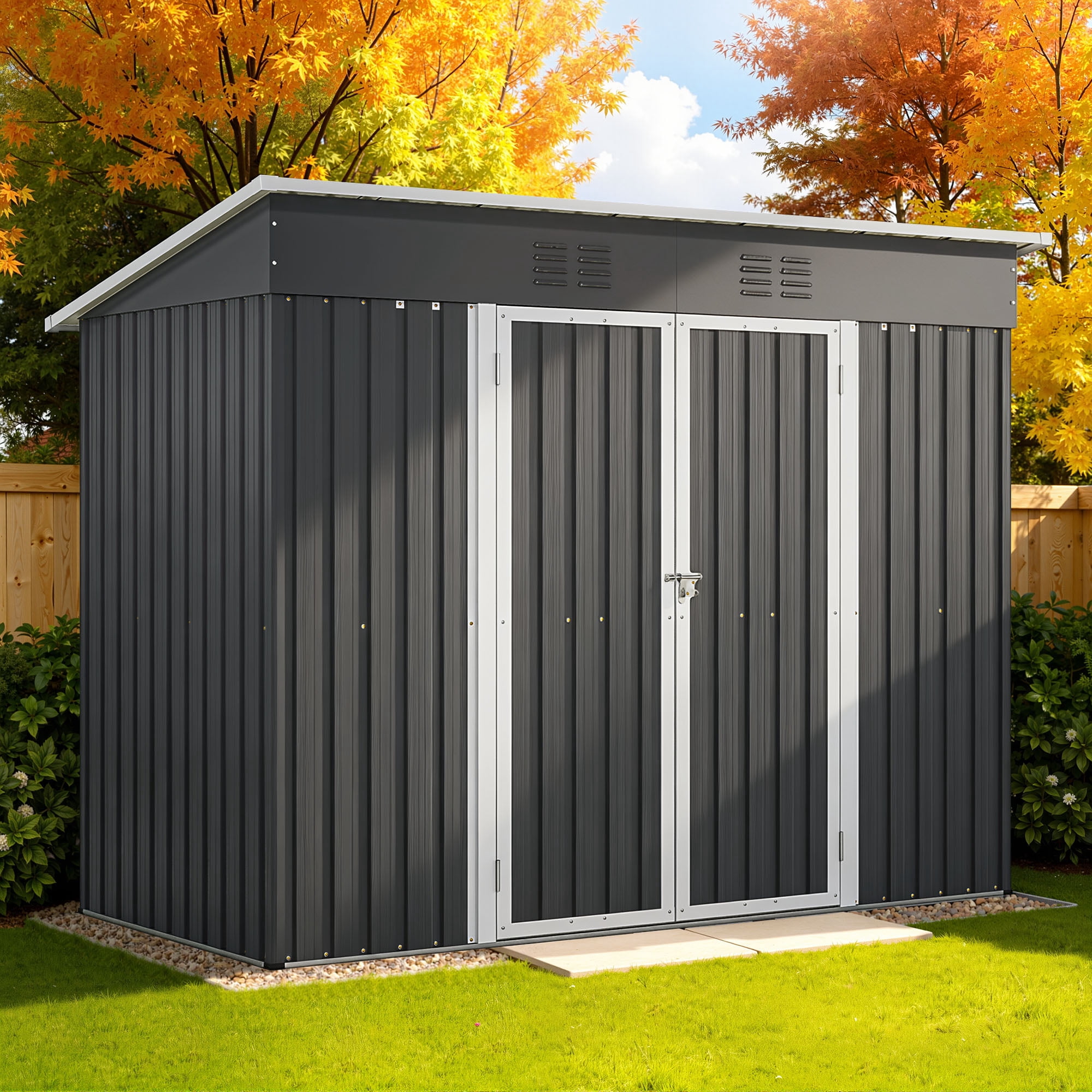 8 x 4 FT Storage Sheds, Galvanized Metal Outdoor Shed with Lockable Door, Heavy Duty Outdoor Storage Cabinet for Garden