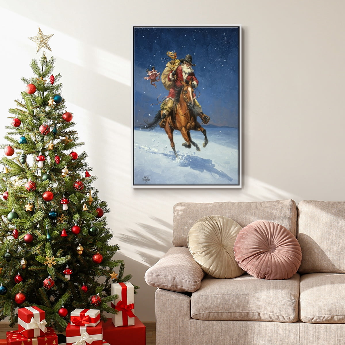 Midnight Rider - Framed Gallery Wrapped Holiday Canvas - 17 x 25 - White Frame