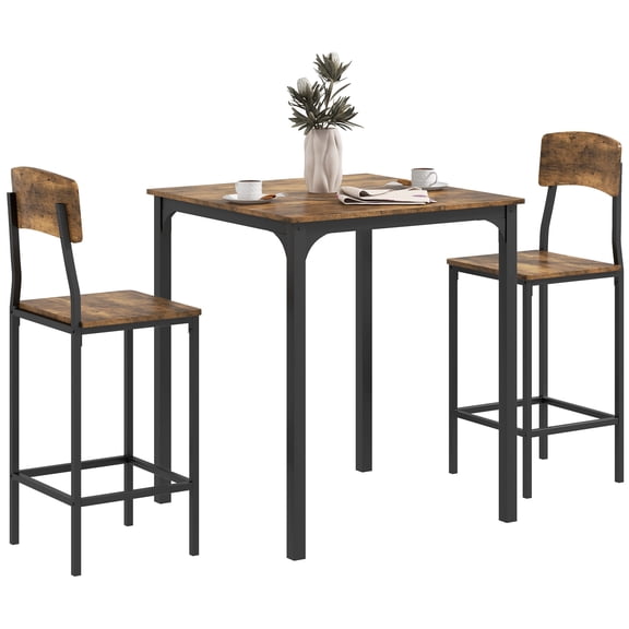3-Piece Counter Height Bar Table Set for 2, Industrial Square Kitchen Table with 2 Stools, Rustic Brown & Black Steel Frame