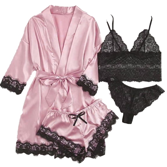 SZJXBUY Womens Pajama Sets Lounge-Ready Soft Cooling Silk Pj Robes Set 4 Piece Cami Shorts Satin Sleepwear Lace Nightwear Sets Pink,XL