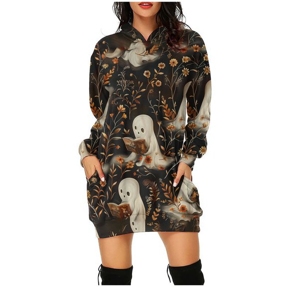 WFJCJPAF 2025 New Halloween Halloween Dresses for Women Plus Size 26,Women's Hooded Long Sleeve Halloween Print Dress LooseFashion Mini Dress,Halloween Dresses for Women - Multicolor S