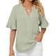 thumbnail image 1 of Camiseta con cuello en V para mujer, mangas con volantes, ajuste holgado, color puro, informal, Top de verano para uso diario, verde guisante XXL, 1 of 6