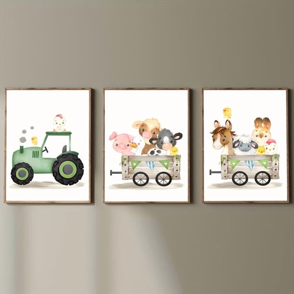 3pcs Farm Tractor Prints Farm Animal Wall Art for Rural Farmhouse Living Room Decor Cute Animal Canvas Poster Unframed