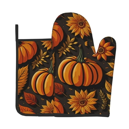 

Junzan Autumn Pumpkin Leaves Pattern Oven Mitts and Pot Holders 2 pcs Set Potholders BBQ Gloves Long Kitchen Oven Glove for Cooking Baking Grilling (2-Piece Set 11 Inch)