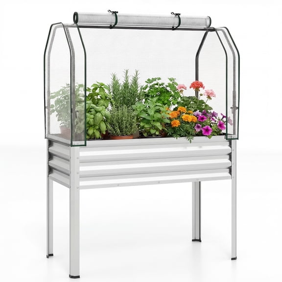 Costway 1 PCS Galvanized Raised Garden Bed with Legs Greenhouse Cover Roll-up Door for Vegetable Silver