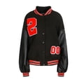 thumbnail image 1 of Kmbangi Women Leather Long Sleeve Letter Embroidery Oversized Baseball Jackets, 1 of 7