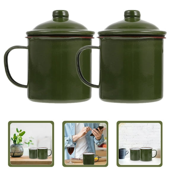 WHAMVOX Green Enamel Coffee Mugs with Lid for Kitchen Simple Style Durable and Easy to Clean 2 Pieces