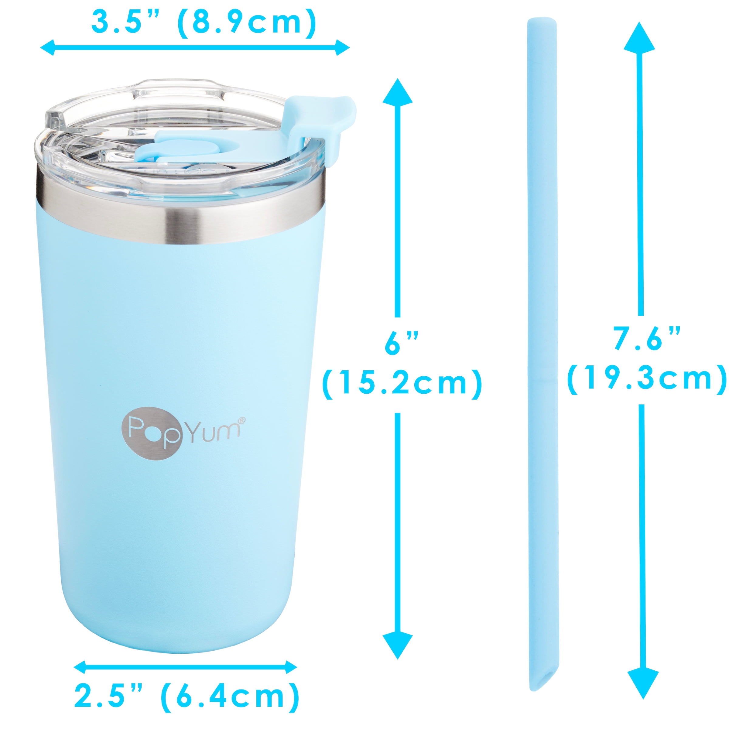 PopYum 13oz Insulated Stainless Steel Kids’ Cups with Lid and Straw, 2-Pack, Blue, Green, stackable, sippy, baby, child, toddler, tumbler, double wall, vacuum, leak proof
