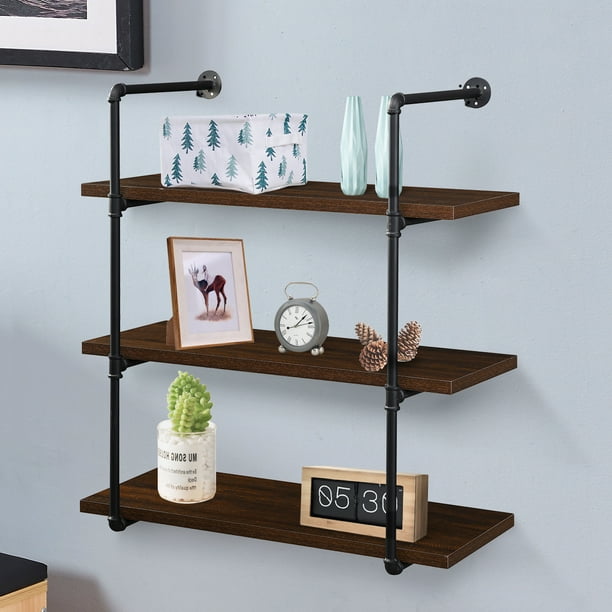 3 Tier 12" Deep Industrial WallMounted Iron Pipe Shelving Unit Pipe