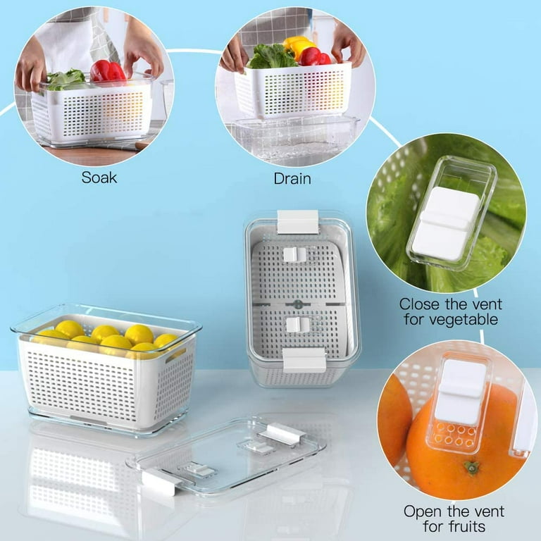 Fruit Container, Luxear Fresh Container 3Pack Produce Saver Container Vegetable Fruit and Salad Partitioned Food Storage Container with Vents White